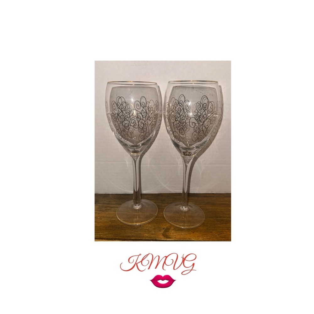 Hand Painted Wine Glasses Set of 2 Gold Filigree 8.75”